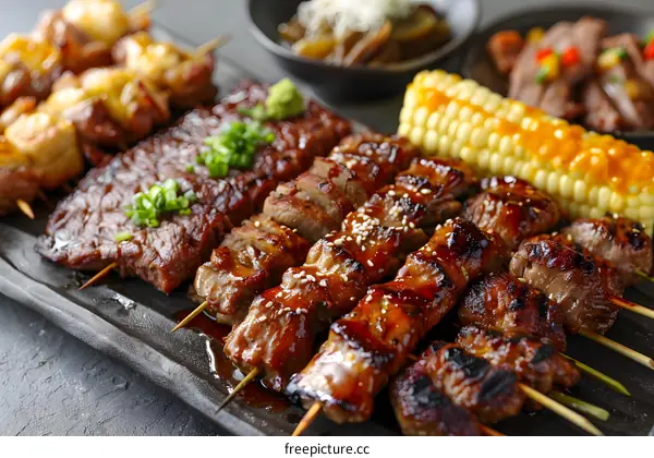 Grilled Meat Skewers with Sesame Seeds and Corn
