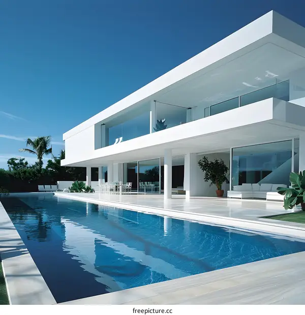 Modern White House with Swimming Pool and Palm Trees