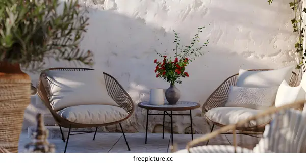 Outdoor Patio With Two White Chairs And A Small Table