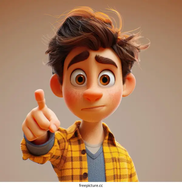 3D cartoon character of a boy pointing his finger