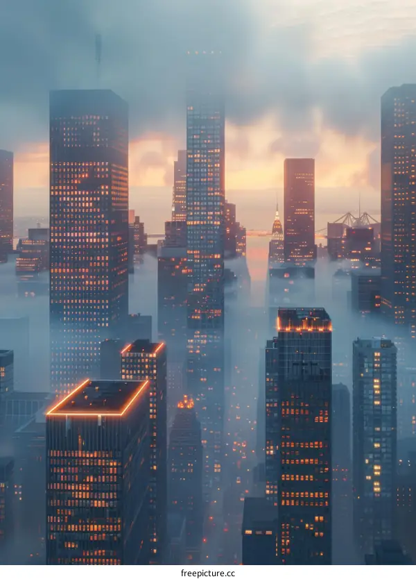 Cityscape in the Mist at Sunset