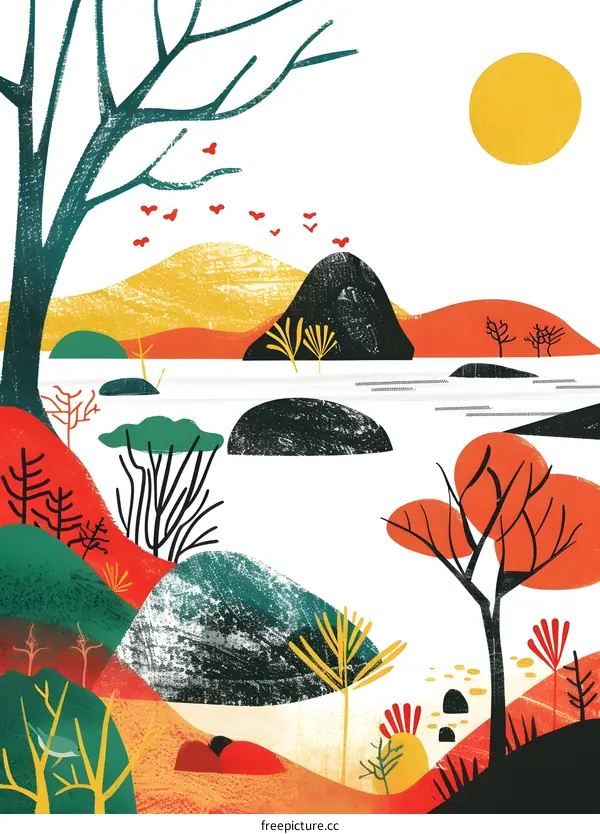 Abstract Illustration of a Landscape with a Yellow Sun