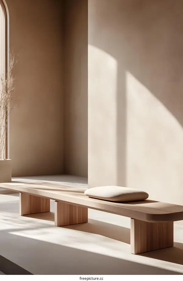Minimalist Wooden Bench with Cushion in a Sunlit Room