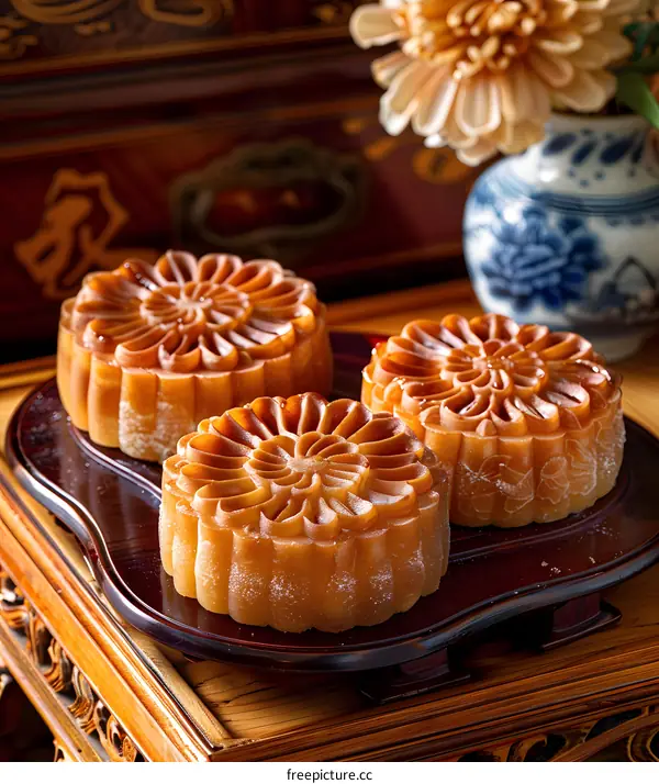 Traditional Chinese Mooncakes On Wooden Tray