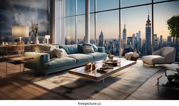 Modern City Apartment Living Room with Skyline View