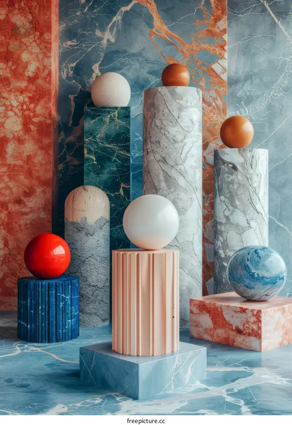 Abstract Geometric Marble Pillars and Decorative Balls