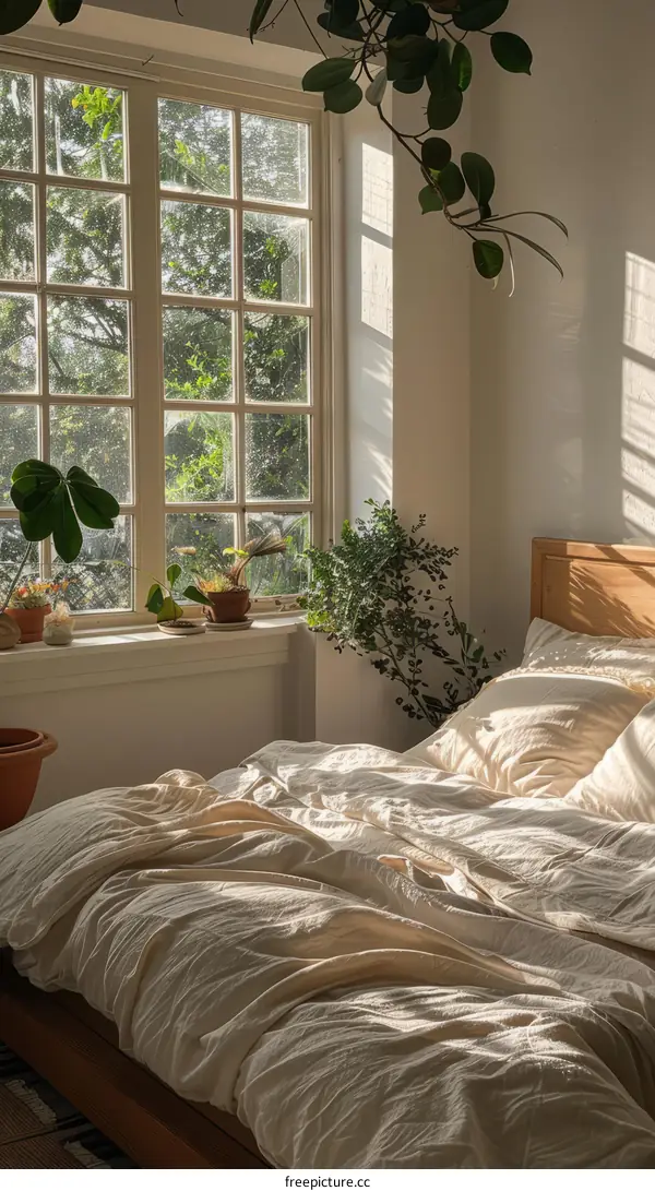 A bedroom with a large window and a lot of plants