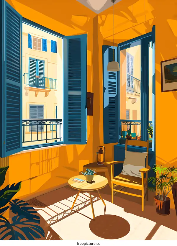 Yellow Room With Windows And A Chair