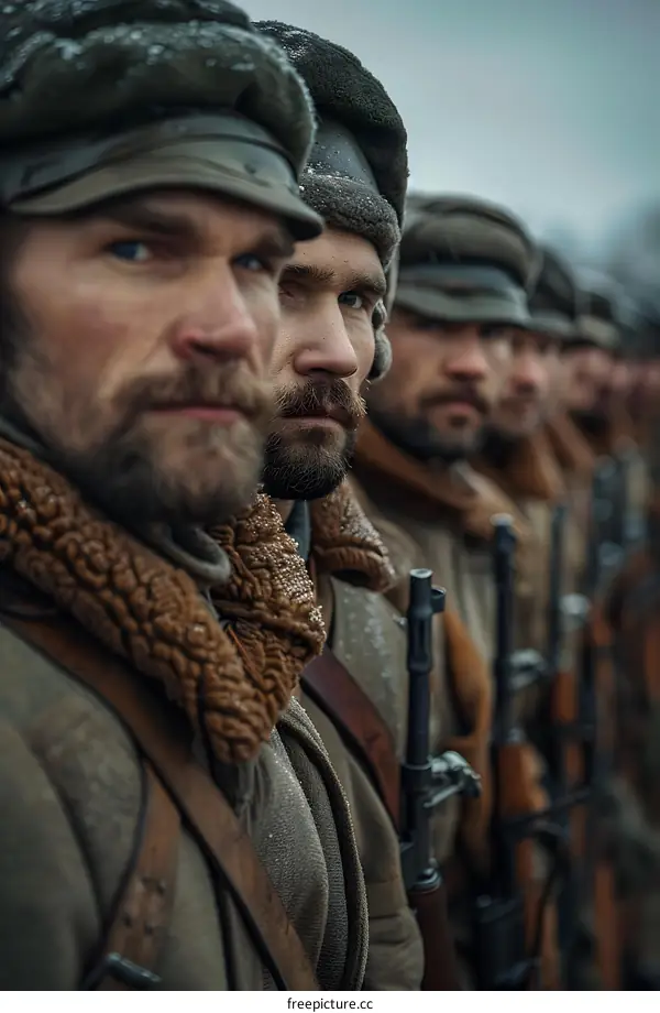 A group of soldiers in winter gear standing in a row looking at the camera