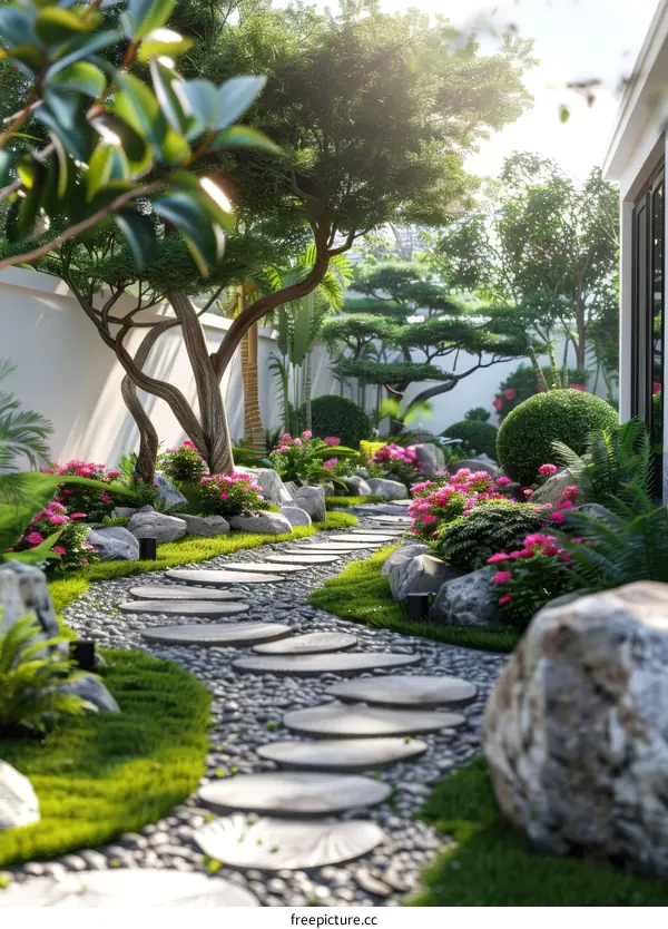 A Tranquil Garden Path with Lush Greenery