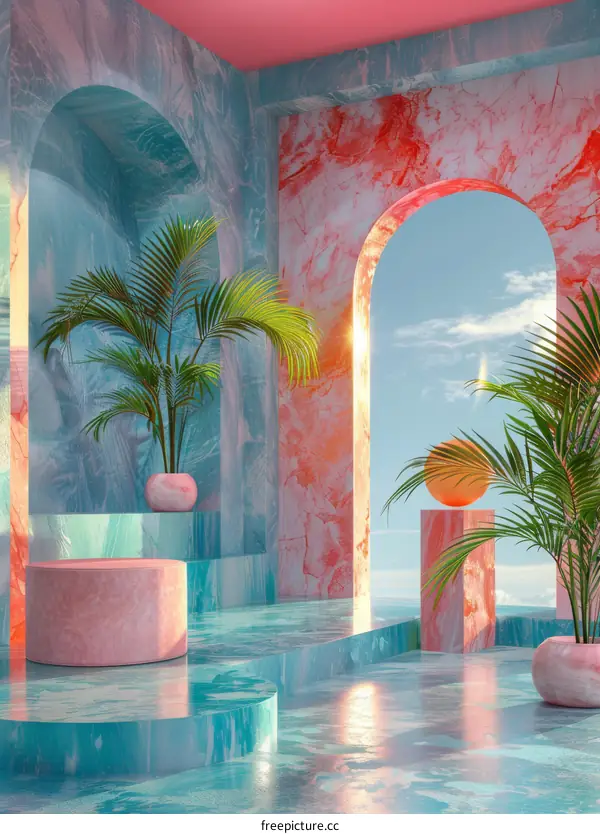 Futuristic Pink and Blue Marbled Archway Interior Space