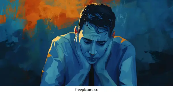 man in blue shirt holding his head