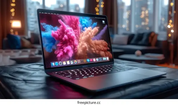 A laptop sits on a leather couch in a living room