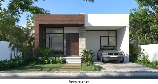 Modern House Design with Wooden Accents and Lush Greenery