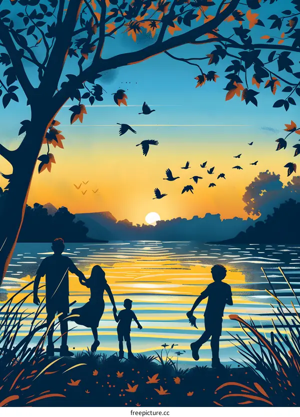 Family Silhouette at Sunset by the Lake