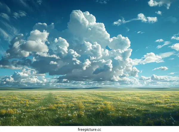 Beautiful meadow landscape with wildflowers and clouds