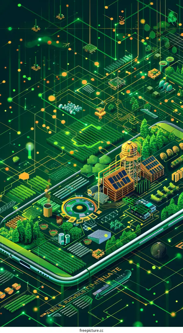 A digital illustration of a smartphone with a farm on the screen