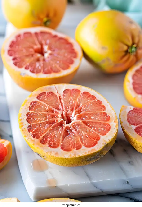 Close Up of Sliced Grapefruit on Marble Cutting Board