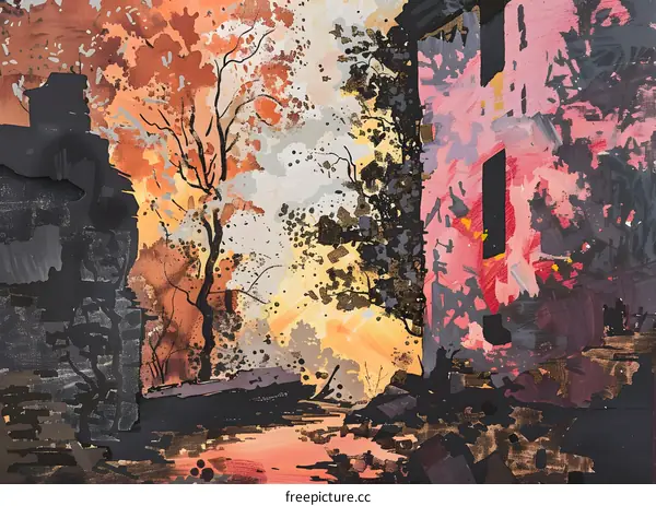 Abstract Watercolor Painting of a Building in a Forest