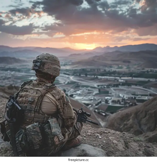 Soldier looking over a valley at sunset
