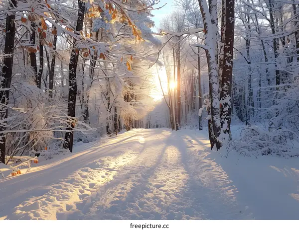 Sunlit snowy path through the woods