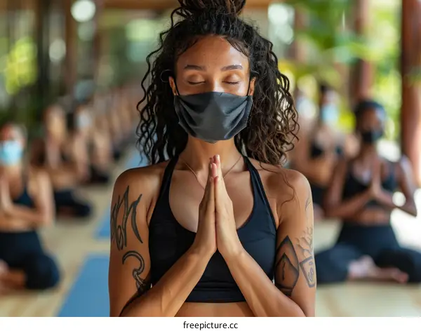 Yoga class with people wearing masks