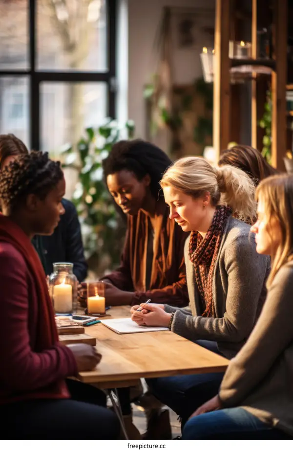 A group of diverse women sitting around a table having a discussion