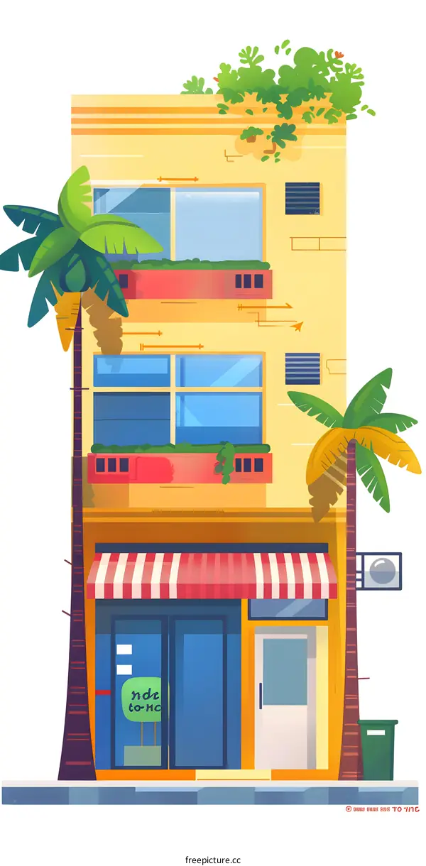 Colorful Illustration of a Building with Palm Trees