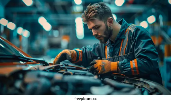 Bearded man in work clothes repairing a car engine