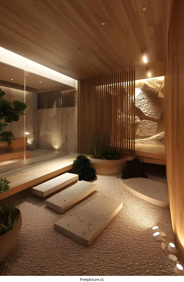 Modern Minimalist Zen Garden Design With Wooden Ceiling And Stone Wall