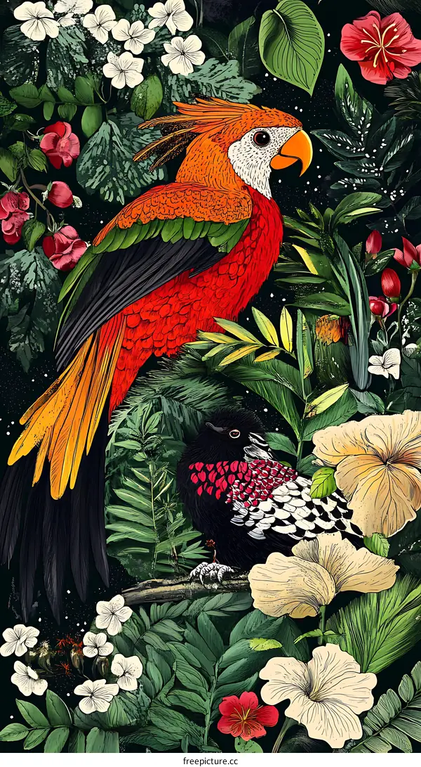 Tropical Birds Illustration with Flowers and Leaves