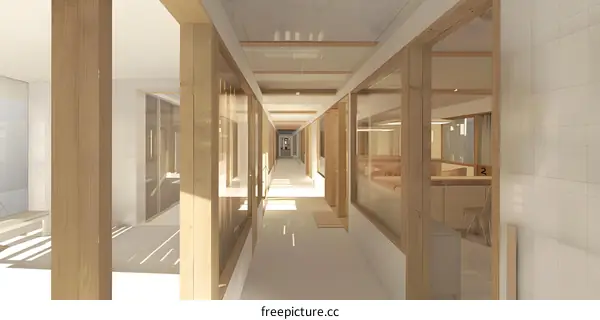 Modern Interior Design Wooden Corridor with Glass Walls