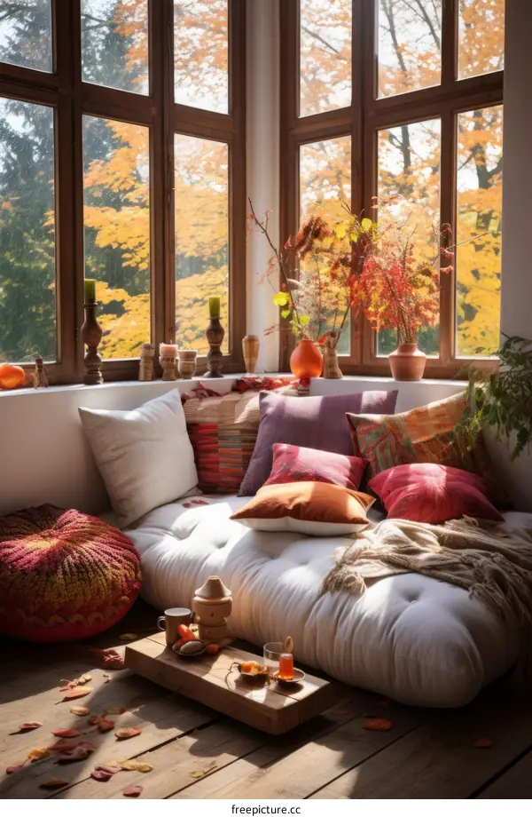 Cozy Living Room with Bay Window and Fall Forest View