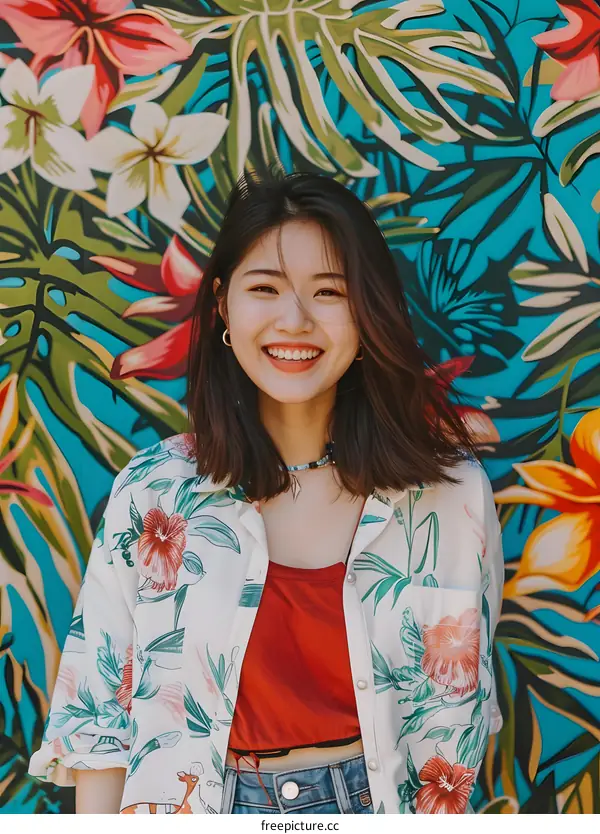 Smiling Asian Woman With Floral Patterned Shirt
