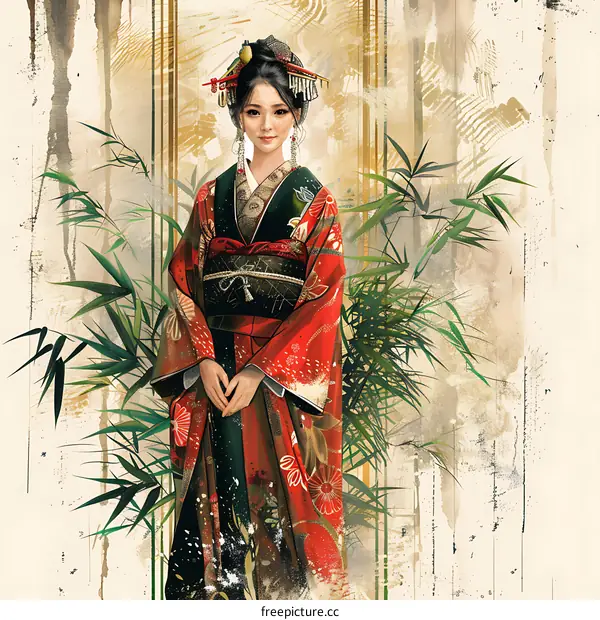 An illustration of a Japanese woman wearing a kimono with a bamboo background