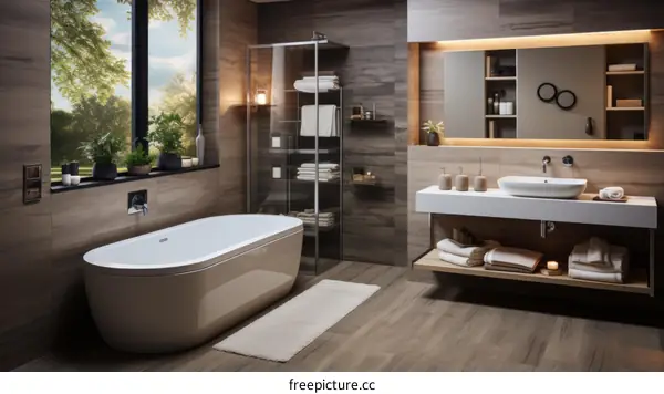 Modern Bathroom with Brown Tiles, Large Bathtub and Rain Shower