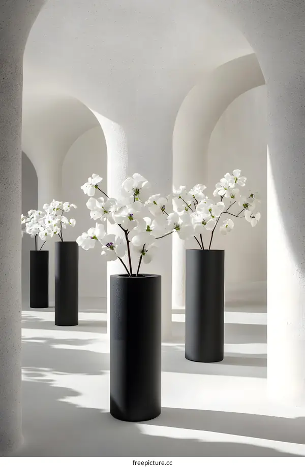 Minimalist White Interior Design with Black Vases and White Flowers