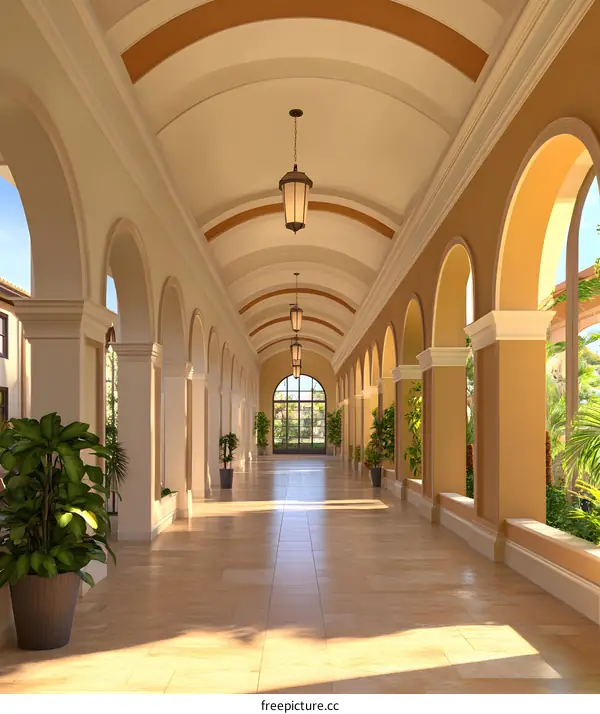 Arched Corridor with Vaulted Ceiling and Sunlight