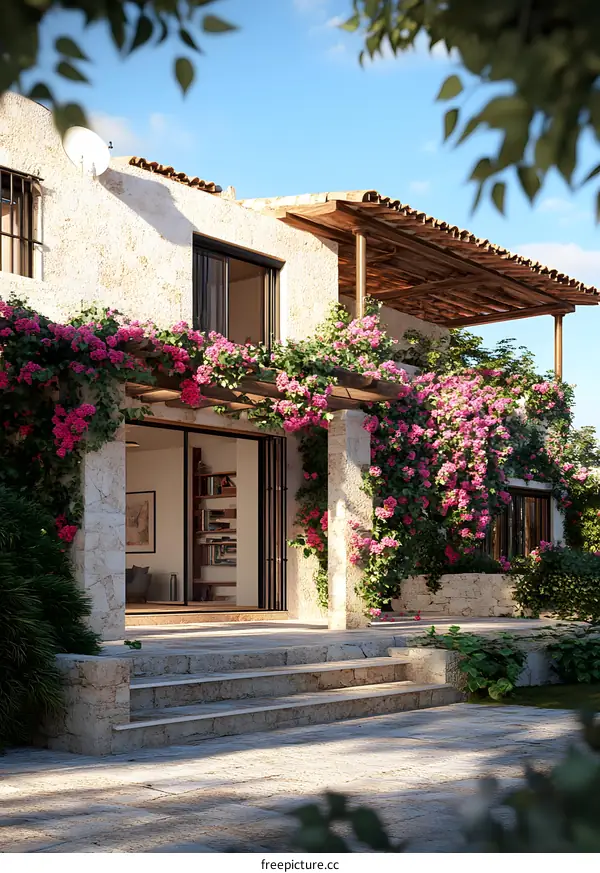 Mediterranean Style House with Pink Flowers and Patio