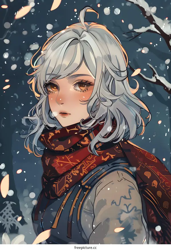 Anime Girl with White Hair in Snowy Forest