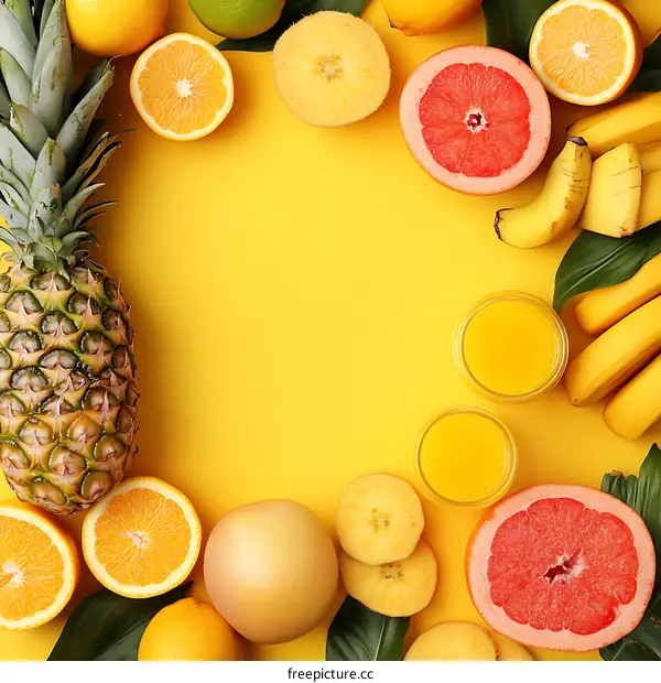 Fresh Tropical Fruits on Yellow Background