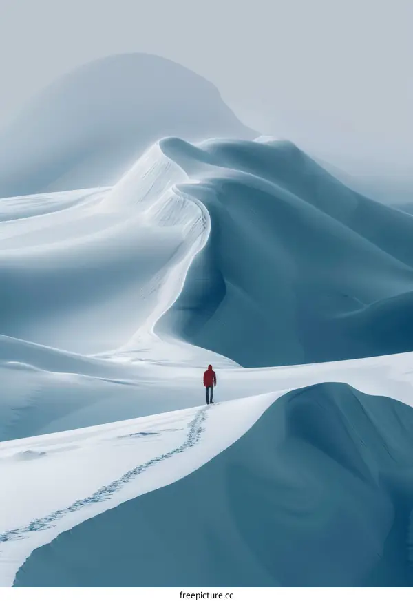 Man walking alone in the middle of a vast snow desert
