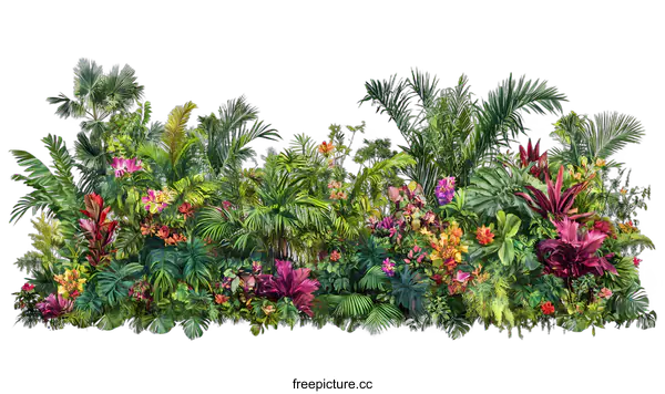 [Transparent Background PNG]Tropical Jungle with Lush Foliage and Flowers