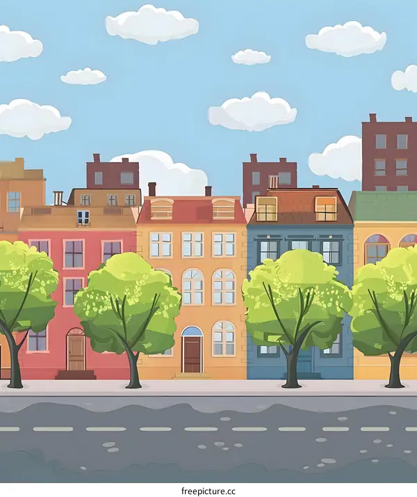 Cartoon Illustration Of A City Street With Colorful Buildings And Green Trees