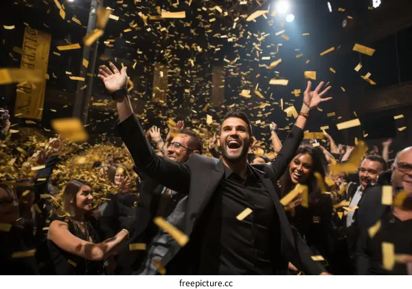 Confetti falling on a group of people at a party