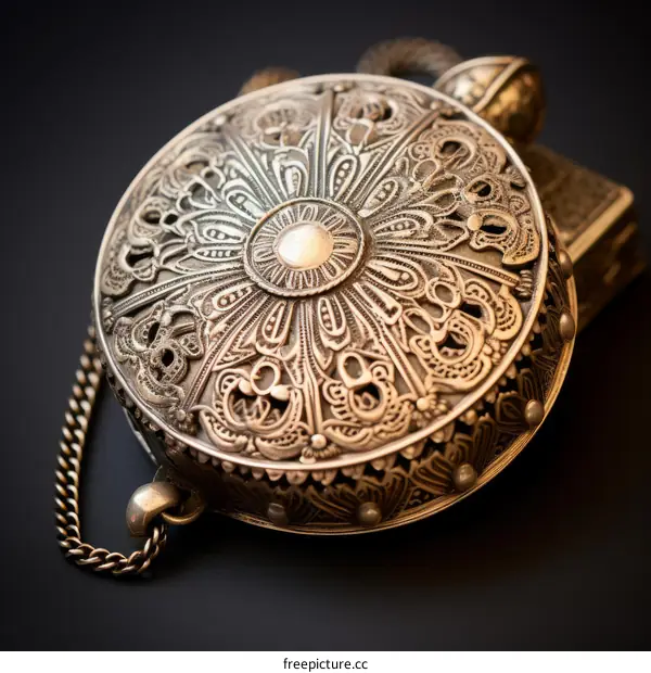 Intricate Ornate Silver Locket Pendant with Chain