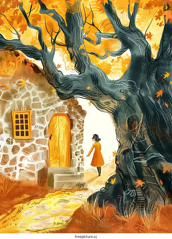 Autumn Cottage Illustration with Woman in Yellow Coat