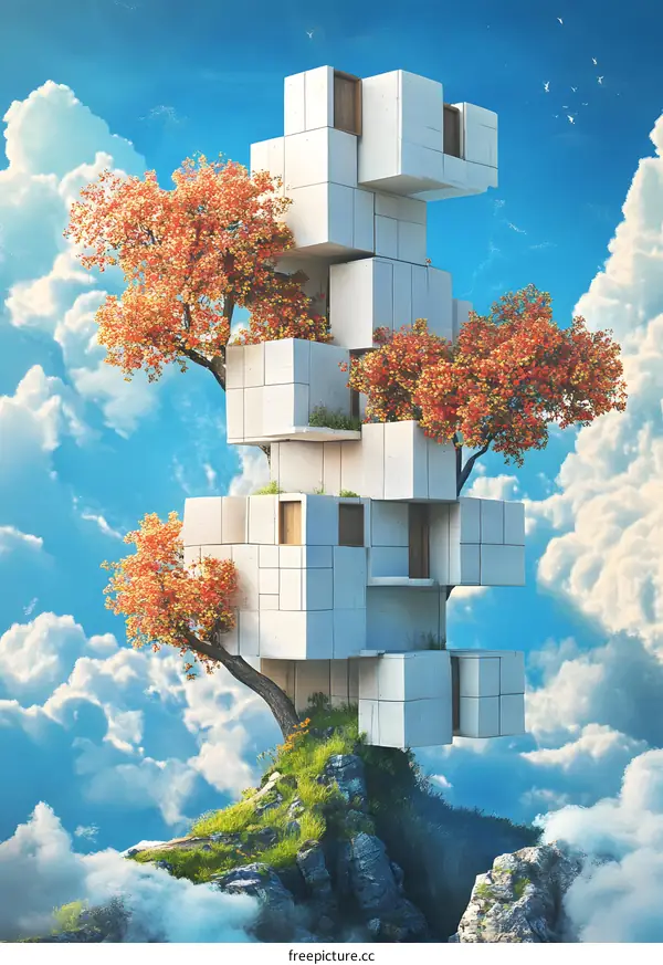 Modern Abstract Treehouse with a White Concrete Building and Orange Trees