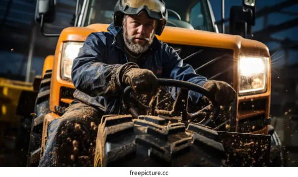A farmer drives a tractor through a muddy field