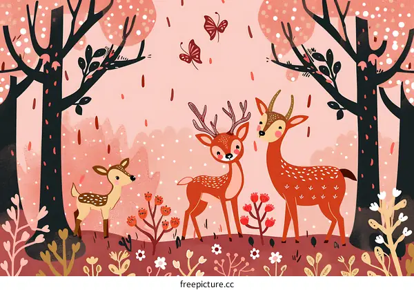 Three Deers In The Forest Illustration